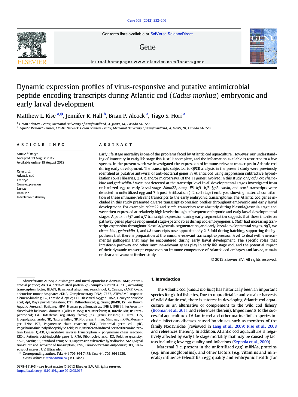 Dynamic expression profiles of virus-responsive and putative antimicrobial peptide-encoding transcripts during Atlantic cod (Gadus morhua) embryonic and early larval development