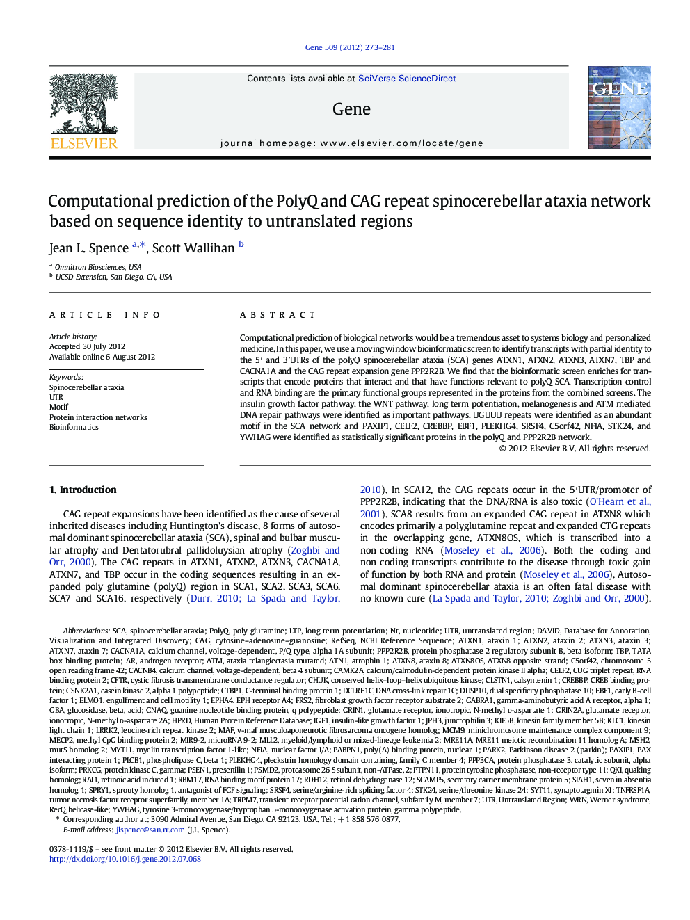 Computational prediction of the PolyQ and CAG repeat spinocerebellar ataxia network based on sequence identity to untranslated regions