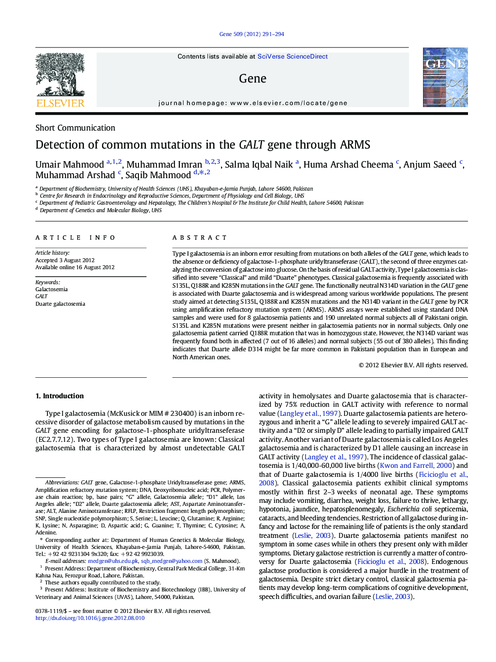 Detection of common mutations in the GALT gene through ARMS