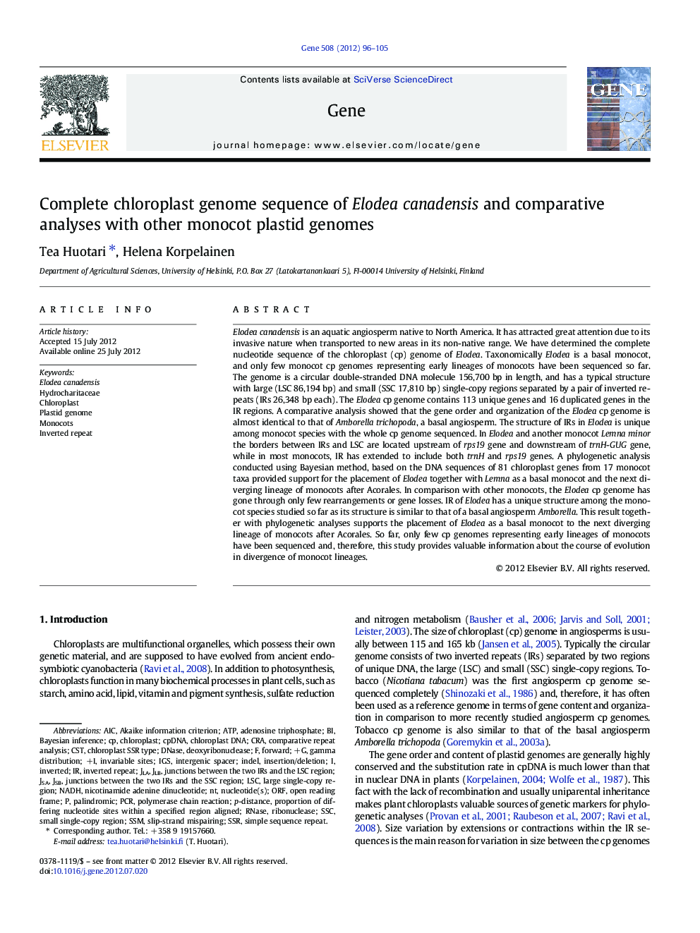 Complete chloroplast genome sequence of Elodea canadensis and comparative analyses with other monocot plastid genomes