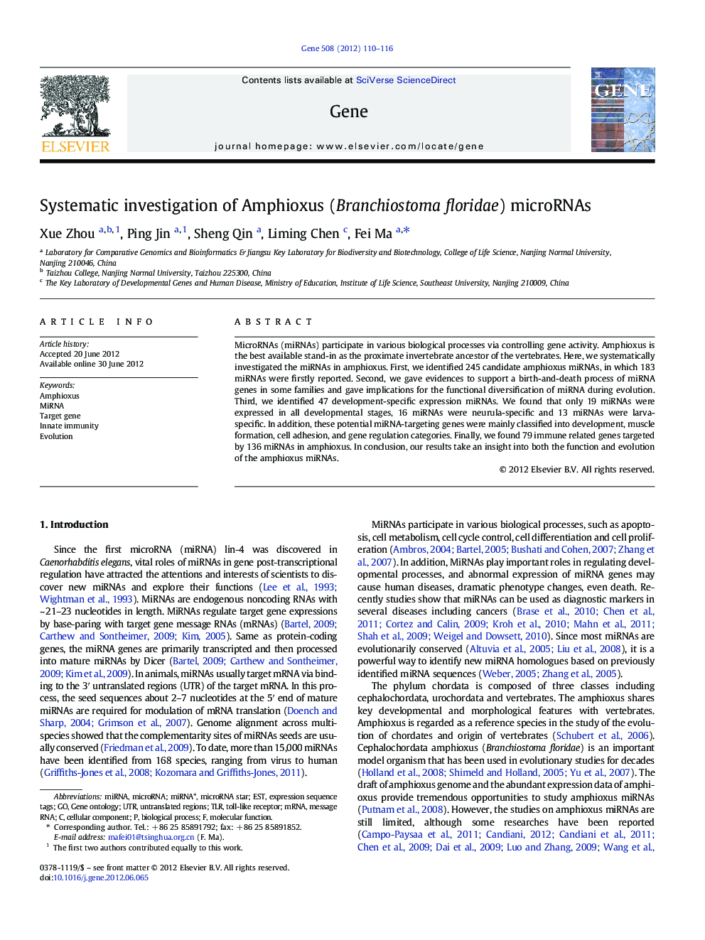 Systematic investigation of Amphioxus (Branchiostoma floridae) microRNAs