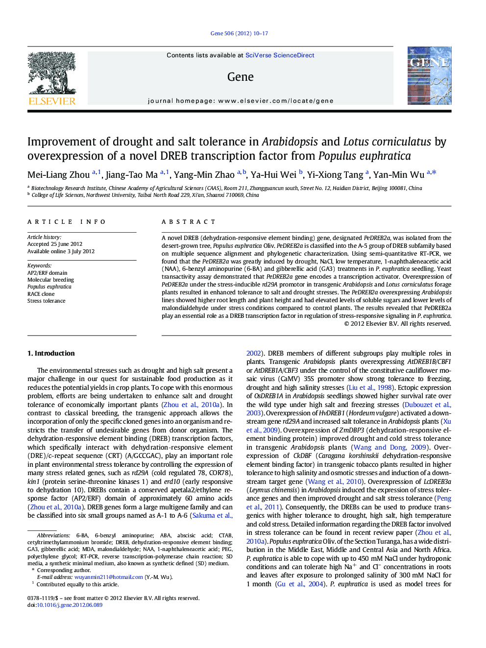 Improvement of drought and salt tolerance in Arabidopsis and Lotus corniculatus by overexpression of a novel DREB transcription factor from Populus euphratica