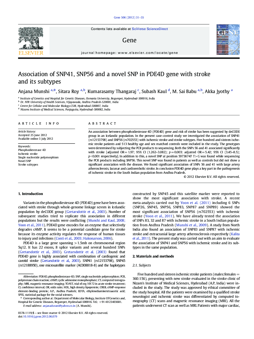 Association of SNP41, SNP56 and a novel SNP in PDE4D gene with stroke and its subtypes