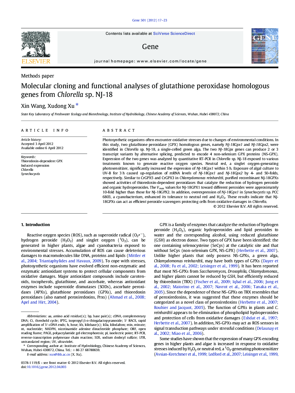 Molecular cloning and functional analyses of glutathione peroxidase homologous genes from Chlorella sp. NJ-18