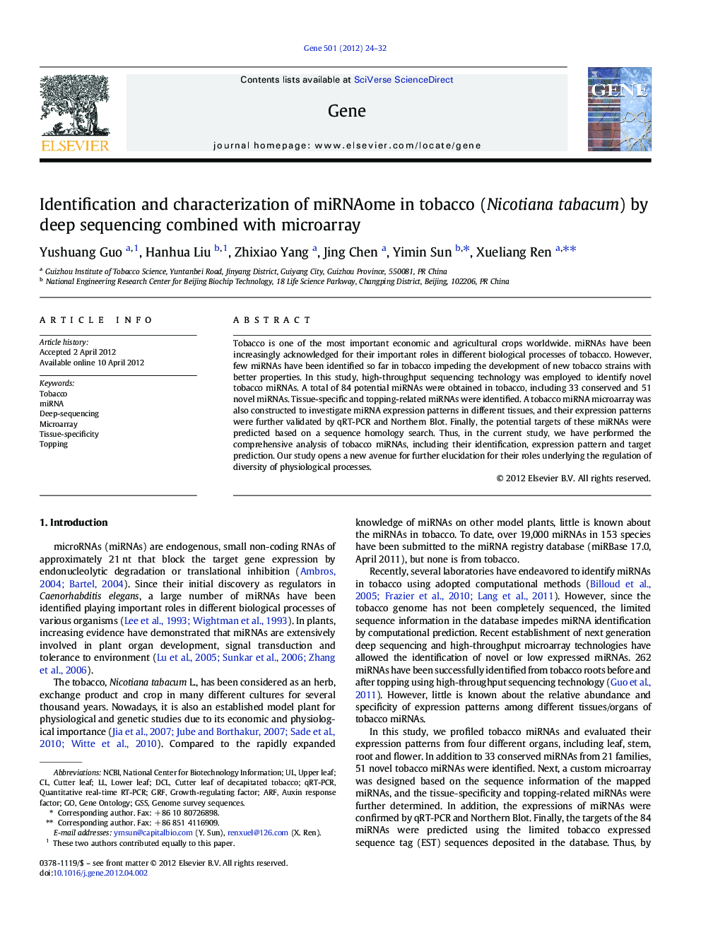 Identification and characterization of miRNAome in tobacco (Nicotiana tabacum) by deep sequencing combined with microarray