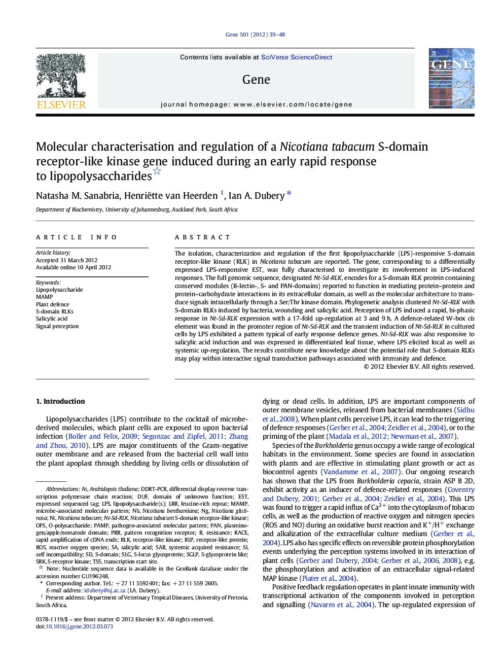 Molecular characterisation and regulation of a Nicotiana tabacum S-domain receptor-like kinase gene induced during an early rapid response to lipopolysaccharides