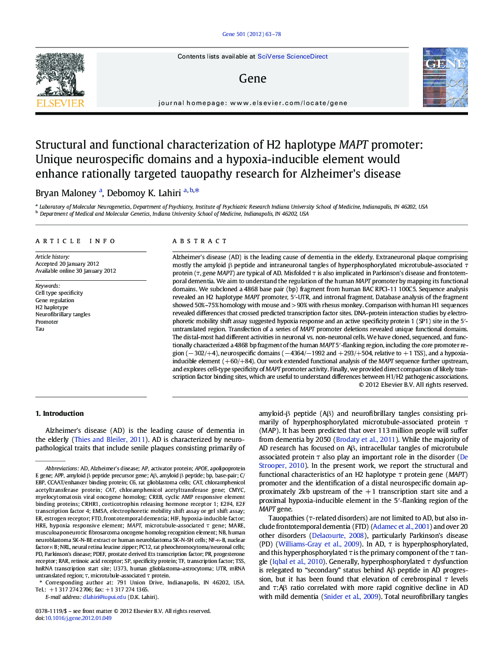 Structural and functional characterization of H2 haplotype MAPT promoter: Unique neurospecific domains and a hypoxia-inducible element would enhance rationally targeted tauopathy research for Alzheimer's disease