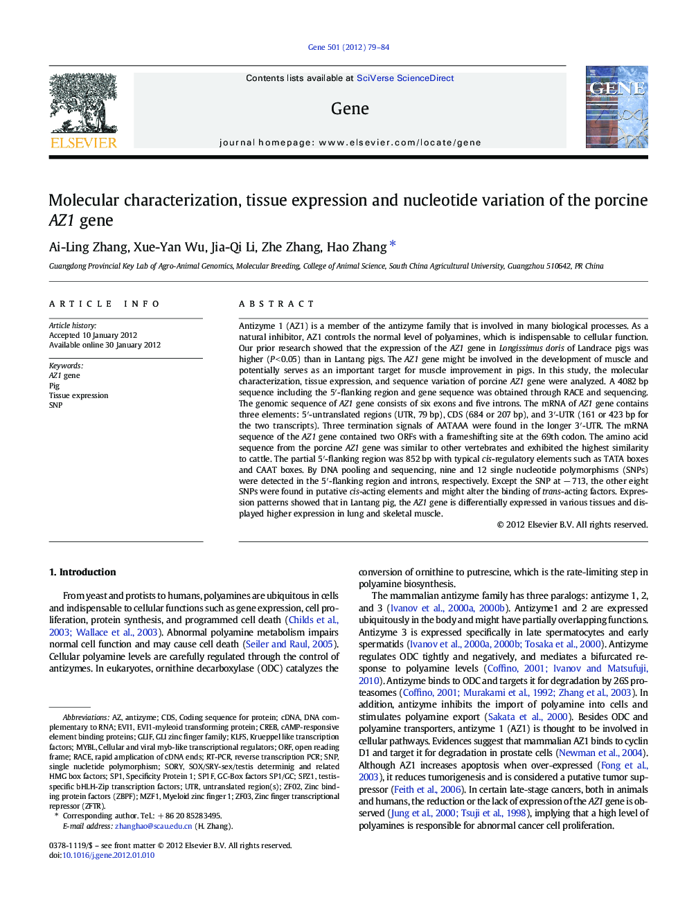 Molecular characterization, tissue expression and nucleotide variation of the porcine AZ1 gene