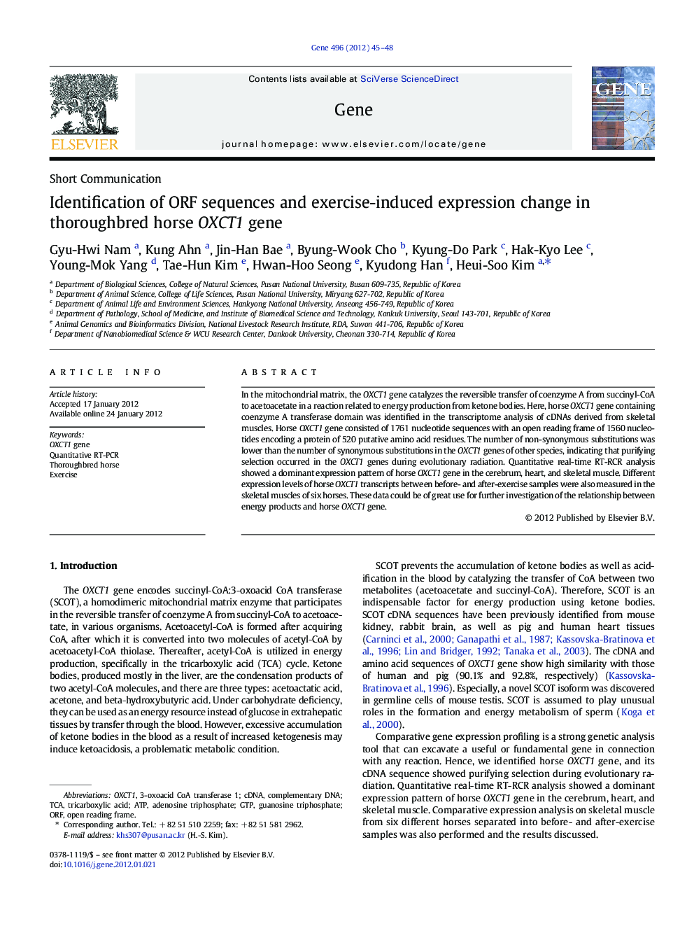 Identification of ORF sequences and exercise-induced expression change in thoroughbred horse OXCT1 gene