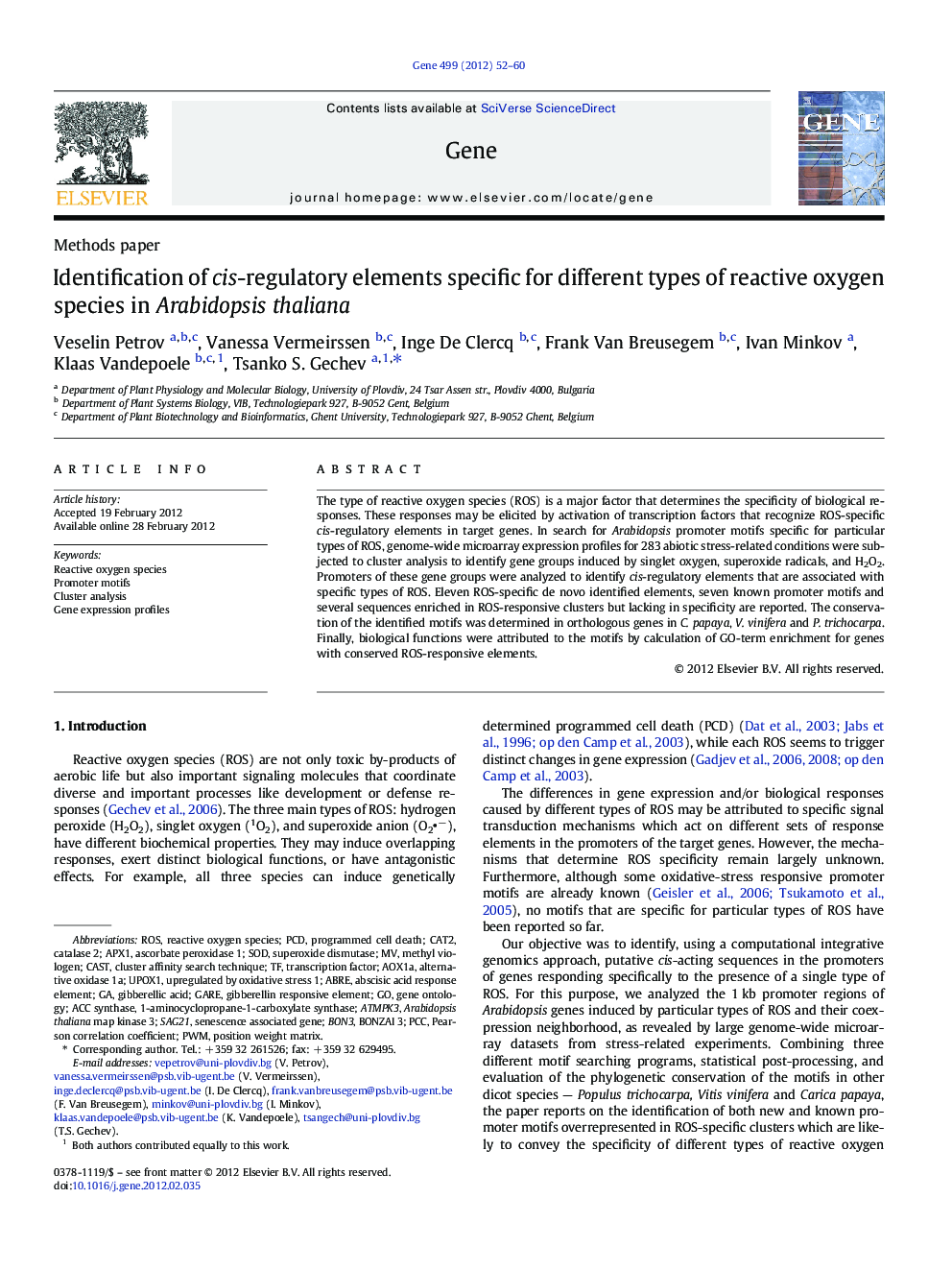 Methods paperIdentification of cis-regulatory elements specific for different types of reactive oxygen species in Arabidopsis thaliana