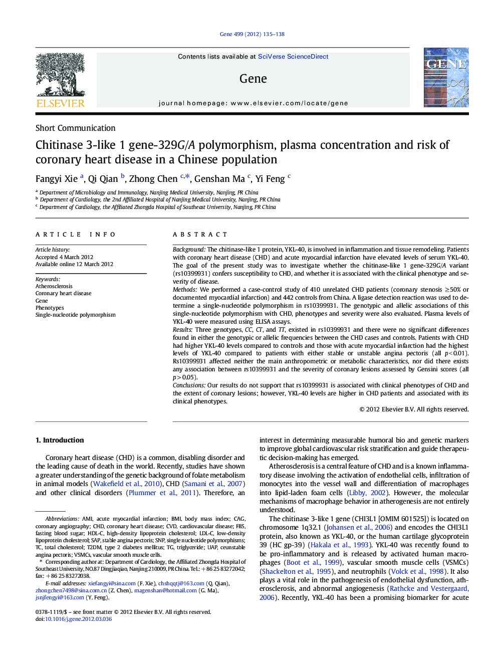 Chitinase 3-like 1 gene-329G/A polymorphism, plasma concentration and risk of coronary heart disease in a Chinese population