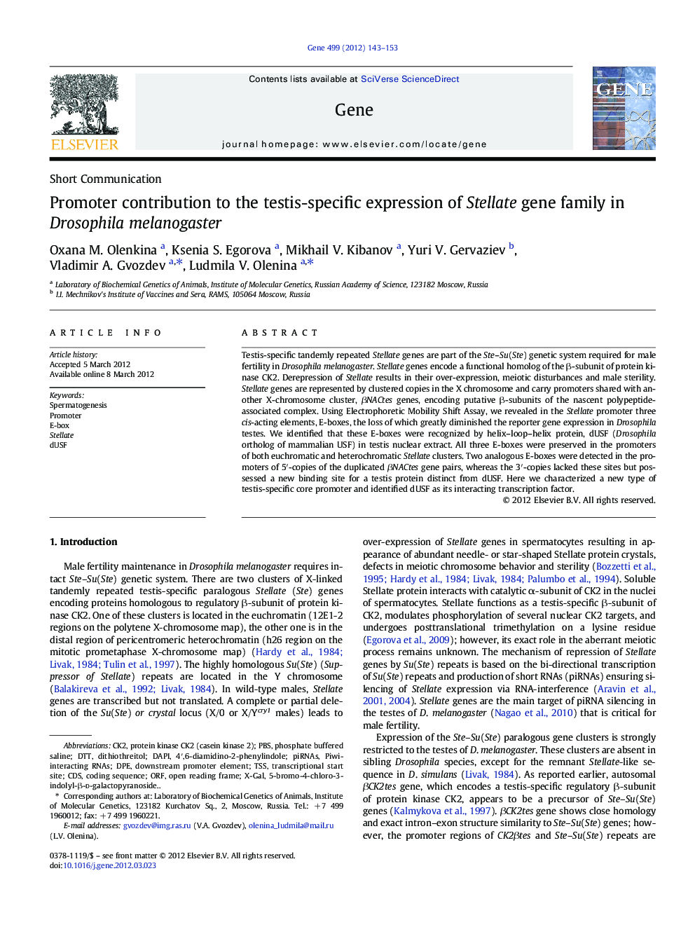 Short CommunicationPromoter contribution to the testis-specific expression of Stellate gene family in Drosophila melanogaster