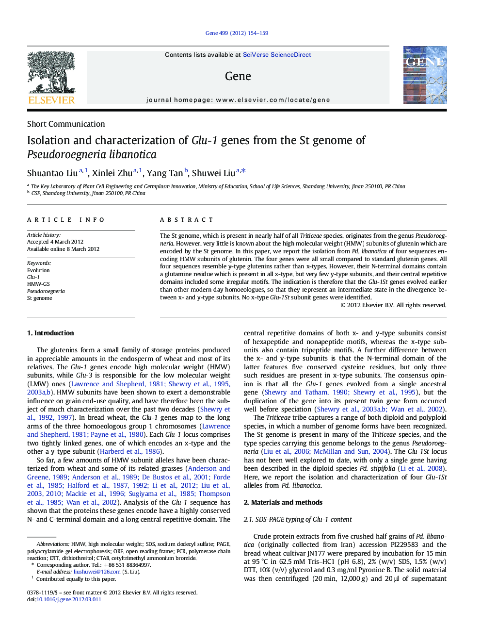 Isolation and characterization of Glu-1 genes from the St genome of Pseudoroegneria libanotica