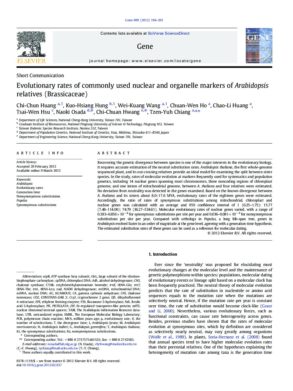 Evolutionary rates of commonly used nuclear and organelle markers of Arabidopsis relatives (Brassicaceae)