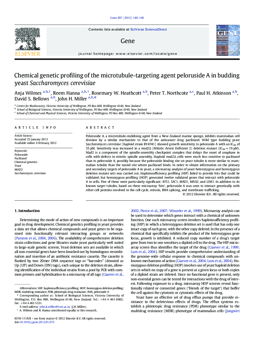 Chemical genetic profiling of the microtubule-targeting agent peloruside A in budding yeast Saccharomyces cerevisiae