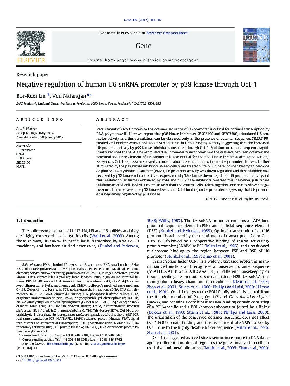 Negative regulation of human U6 snRNA promoter by p38 kinase through Oct-1