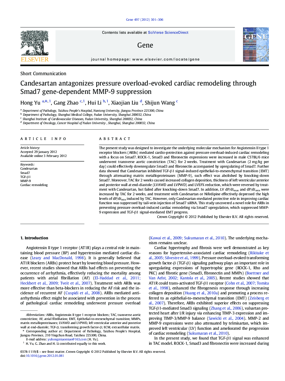 Candesartan antagonizes pressure overload-evoked cardiac remodeling through Smad7 gene-dependent MMP-9 suppression