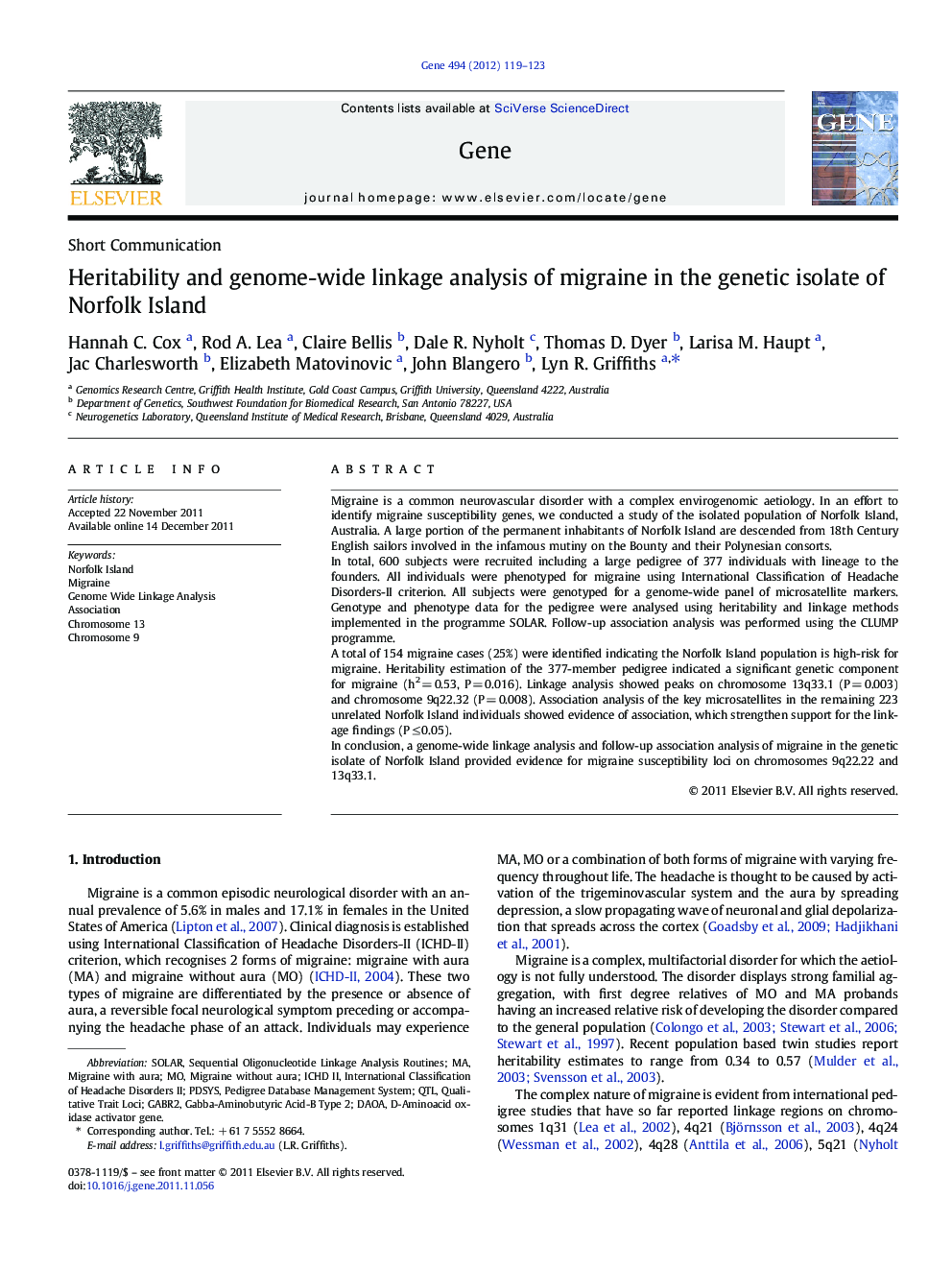 Short CommunicationHeritability and genome-wide linkage analysis of migraine in the genetic isolate of Norfolk Island