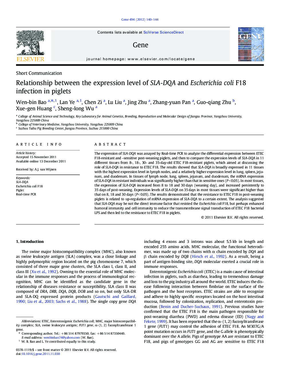 Relationship between the expression level of SLA-DQA and Escherichia coli F18 infection in piglets