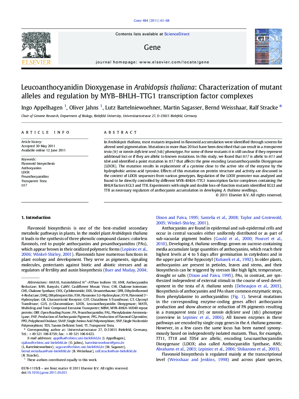 Leucoanthocyanidin Dioxygenase in Arabidopsis thaliana: Characterization of mutant alleles and regulation by MYB-BHLH-TTG1 transcription factor complexes