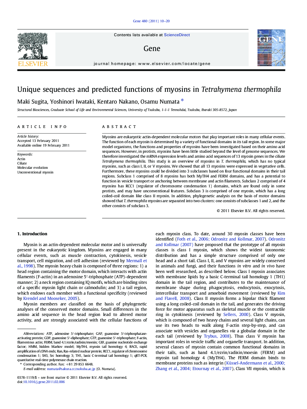 Unique sequences and predicted functions of myosins in Tetrahymena thermophila