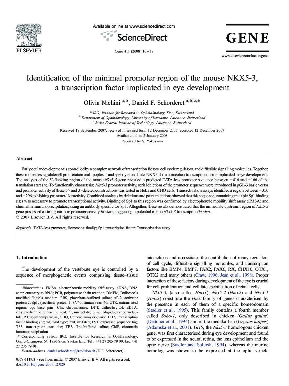 Identification of the minimal promoter region of the mouse NKX5-3, a transcription factor implicated in eye development