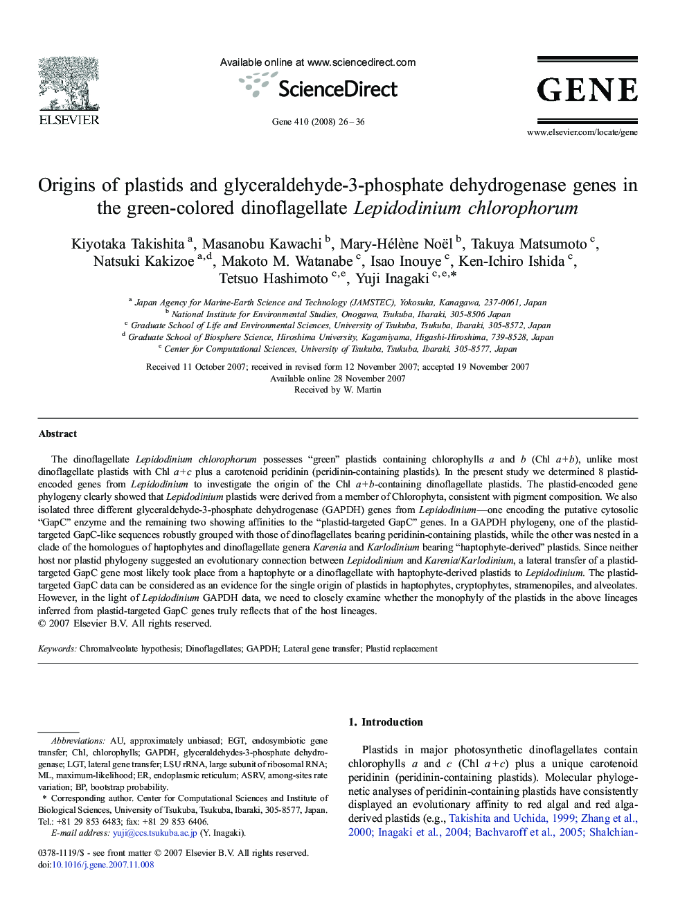 Origins of plastids and glyceraldehyde-3-phosphate dehydrogenase genes in the green-colored dinoflagellate Lepidodinium chlorophorum