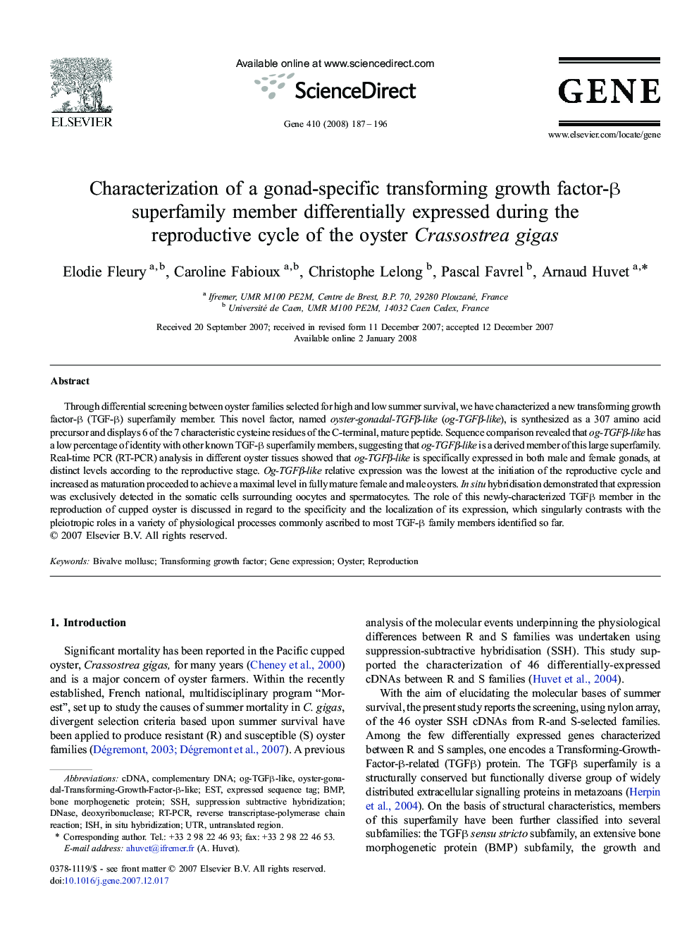 Characterization of a gonad-specific transforming growth factor-Î² superfamily member differentially expressed during the reproductive cycle of the oyster Crassostrea gigas