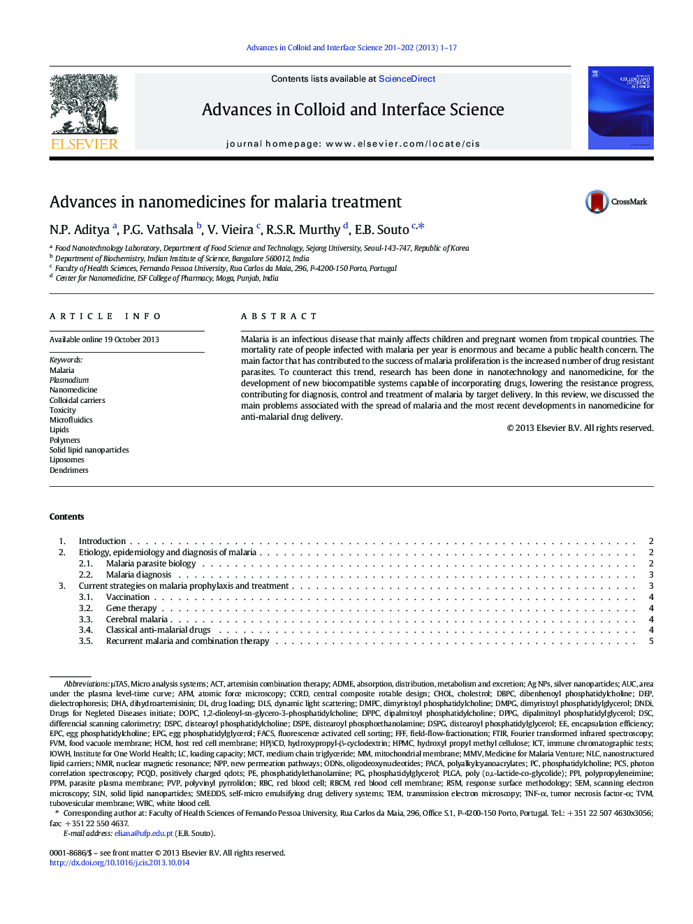 Advances in nanomedicines for malaria treatment