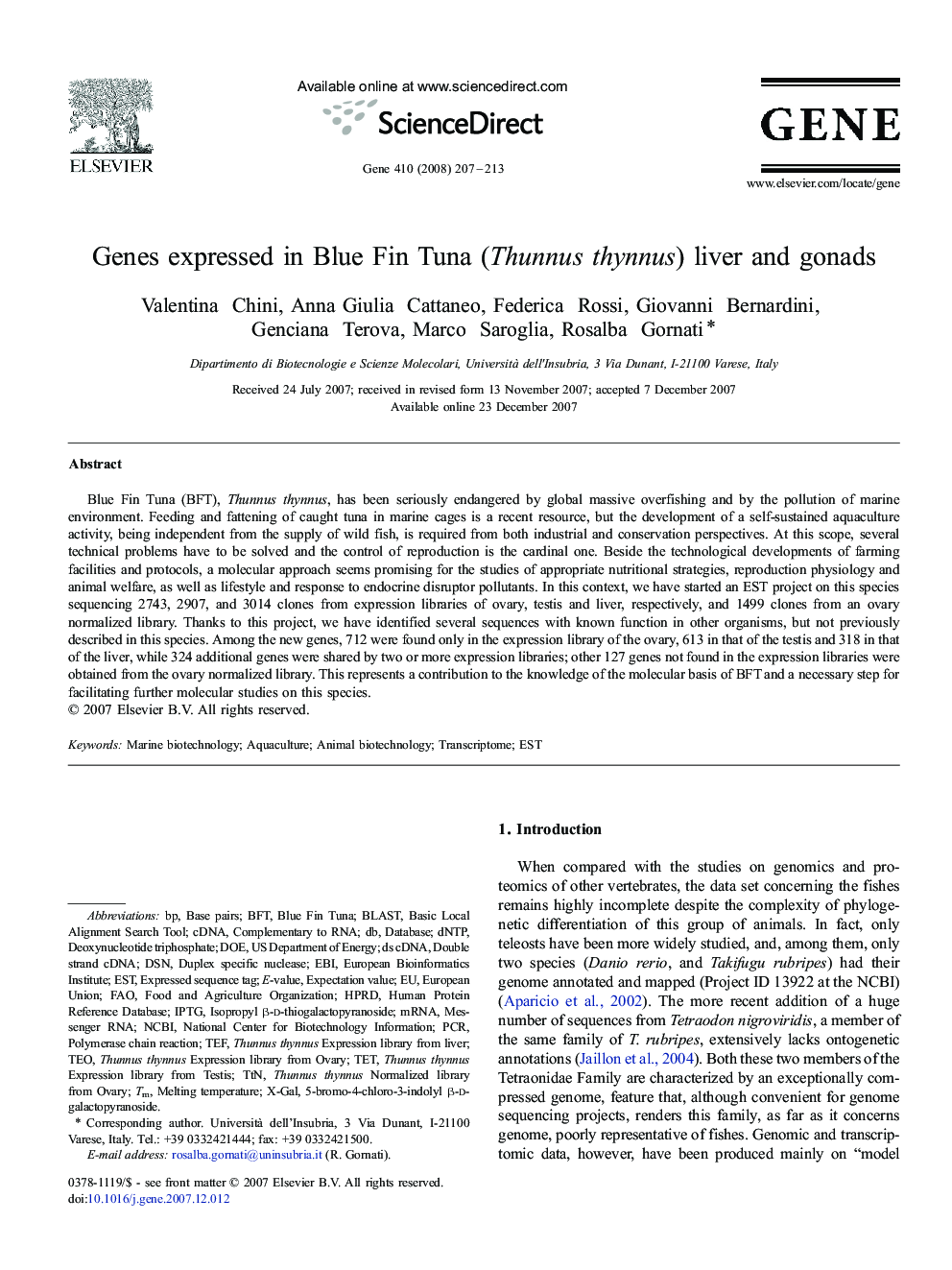 Genes expressed in Blue Fin Tuna (Thunnus thynnus) liver and gonads