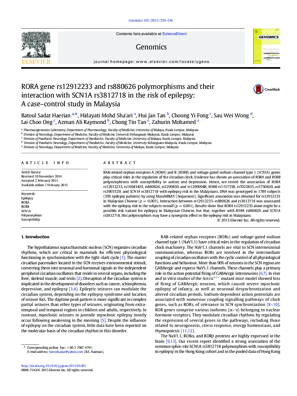 RORA gene rs12912233 and rs880626 polymorphisms and their interaction with SCN1A rs3812718 in the risk of epilepsy: A case-control study in Malaysia