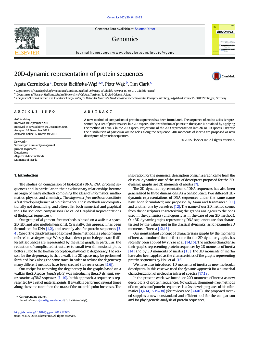 20D-dynamic representation of protein sequences