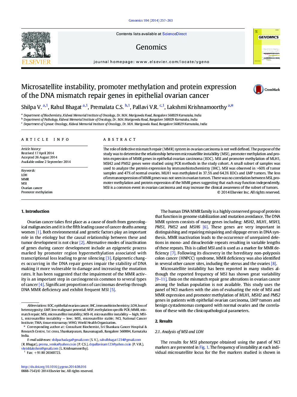 Microsatellite instability, promoter methylation and protein expression of the DNA mismatch repair genes in epithelial ovarian cancer