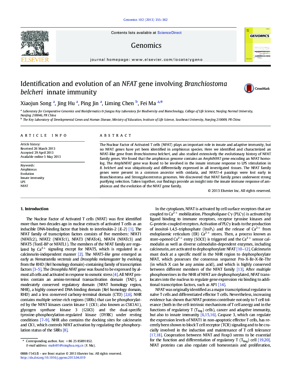 Identification and evolution of an NFAT gene involving Branchiostoma belcheri innate immunity