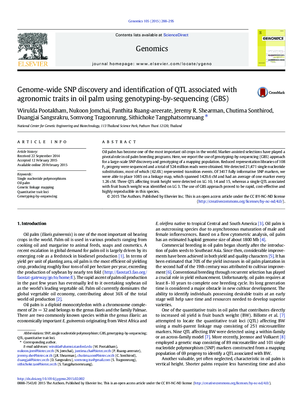 Genome-wide SNP discovery and identification of QTL associated with agronomic traits in oil palm using genotyping-by-sequencing (GBS)