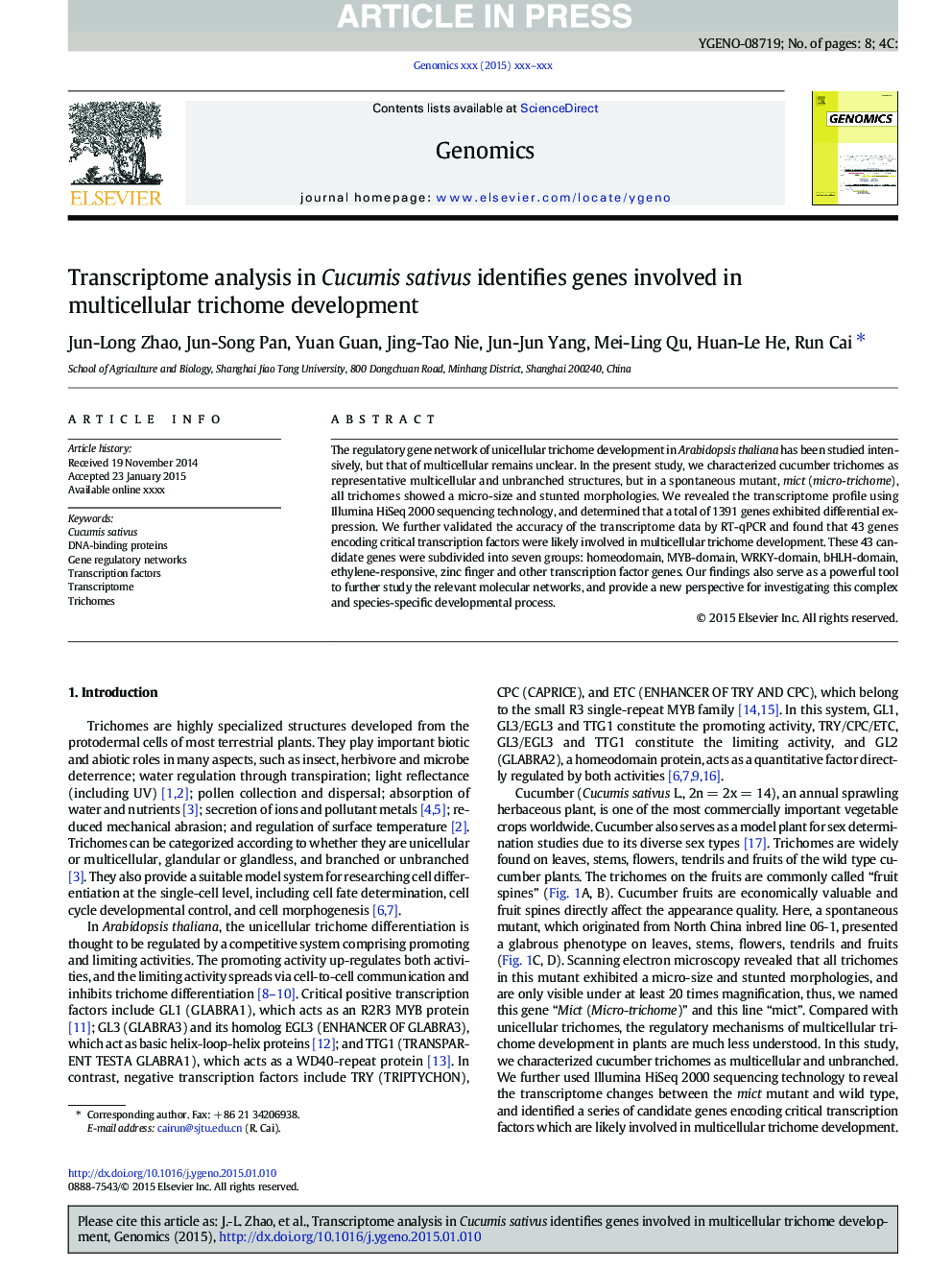 Transcriptome analysis in Cucumis sativus identifies genes involved in multicellular trichome development