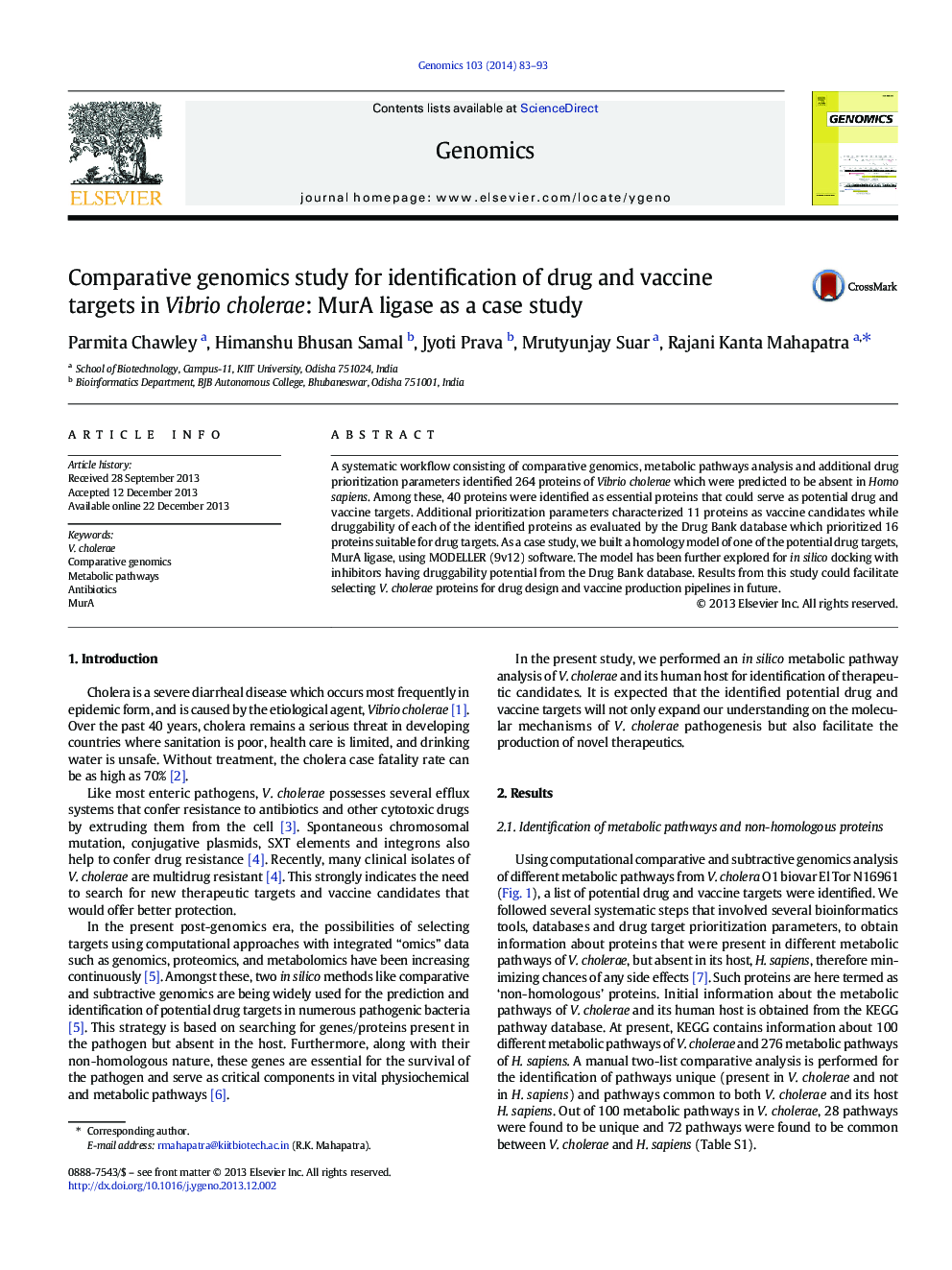 Comparative genomics study for identification of drug and vaccine targets in Vibrio cholerae: MurA ligase as a case study