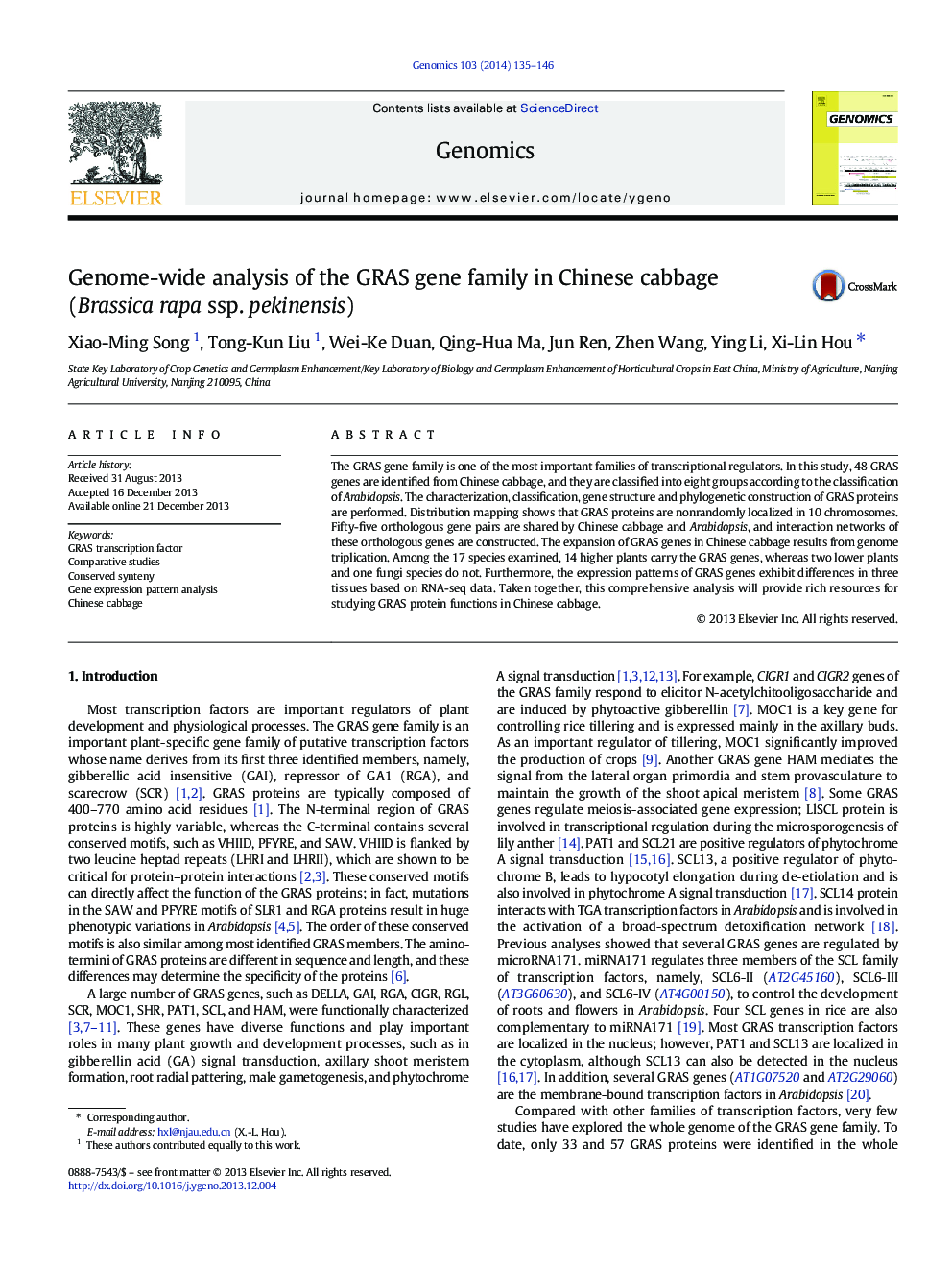 Genome-wide analysis of the GRAS gene family in Chinese cabbage (Brassica rapa ssp. pekinensis)