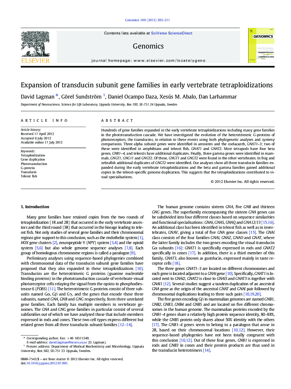 Expansion of transducin subunit gene families in early vertebrate tetraploidizations