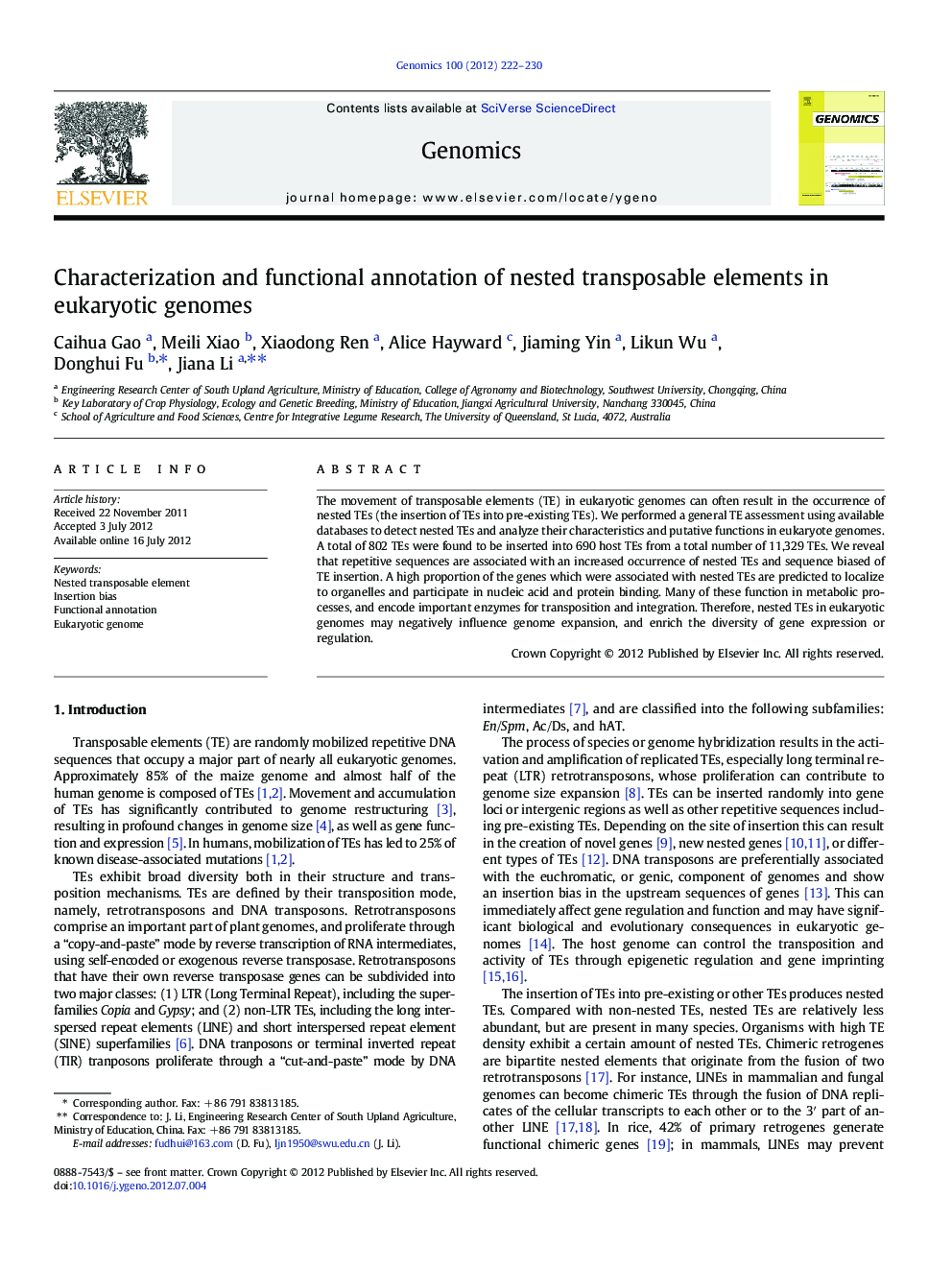 Characterization and functional annotation of nested transposable elements in eukaryotic genomes