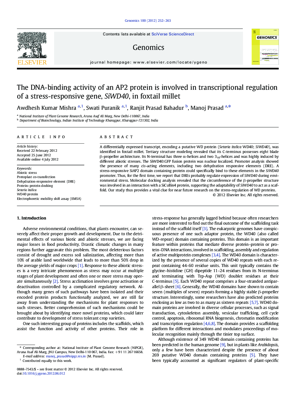 The DNA-binding activity of an AP2 protein is involved in transcriptional regulation of a stress-responsive gene, SiWD40, in foxtail millet