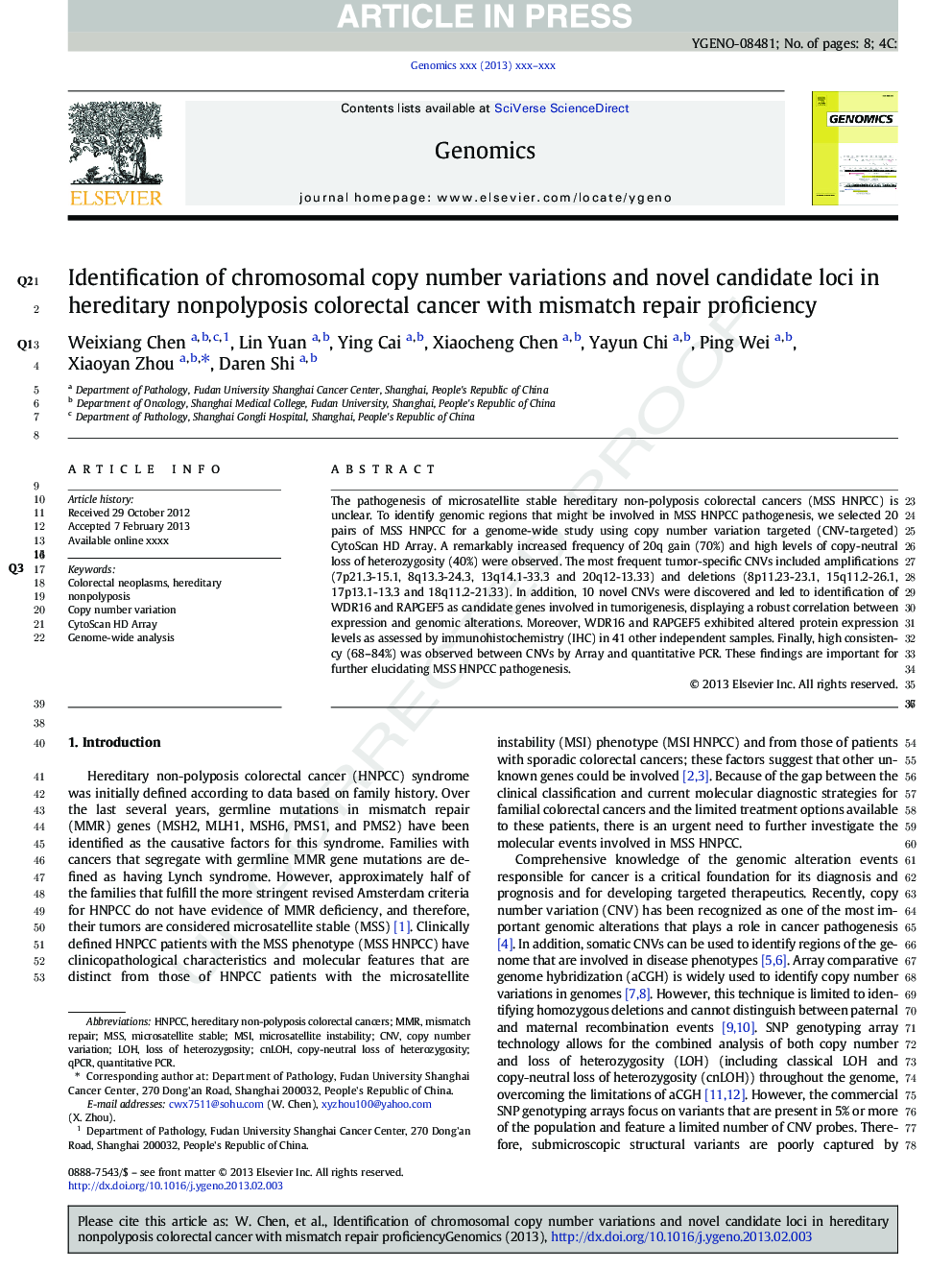 Identification of chromosomal copy number variations and novel candidate loci in hereditary nonpolyposis colorectal cancer with mismatch repair proficiency