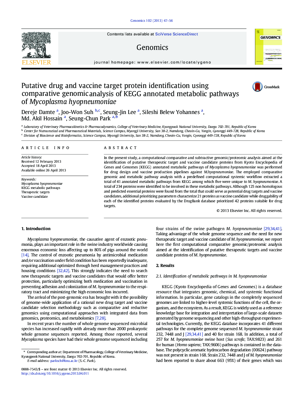 Putative drug and vaccine target protein identification using comparative genomic analysis of KEGG annotated metabolic pathways of Mycoplasma hyopneumoniae