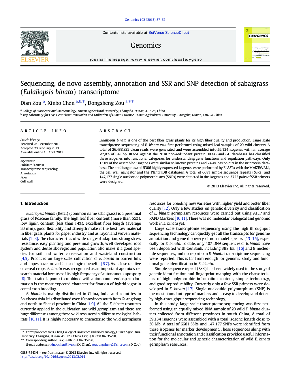 Sequencing, de novo assembly, annotation and SSR and SNP detection of sabaigrass (Eulaliopsis binata) transcriptome