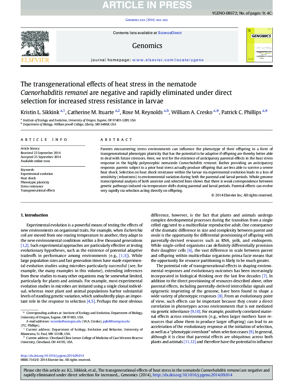 The transgenerational effects of heat stress in the nematode Caenorhabditis remanei are negative and rapidly eliminated under direct selection for increased stress resistance in larvae