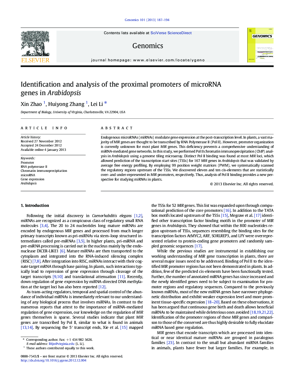 Identification and analysis of the proximal promoters of microRNA genes in Arabidopsis