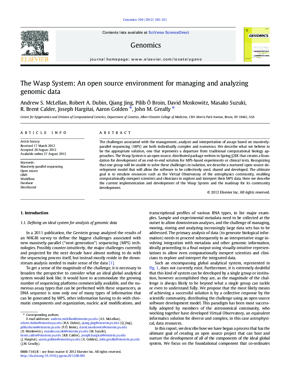 The Wasp System: An open source environment for managing and analyzing genomic data