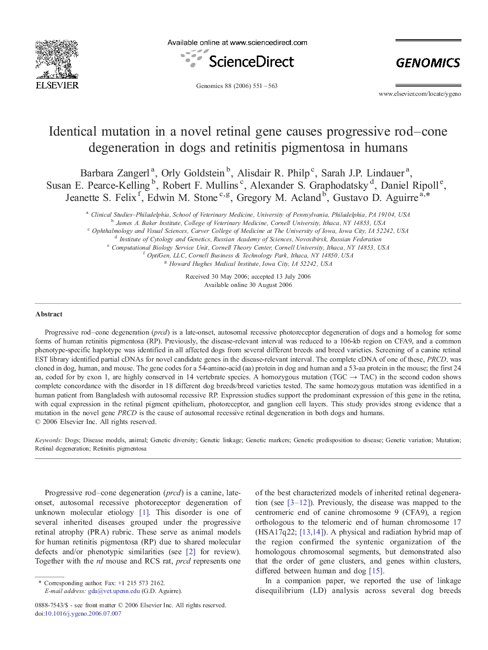 Identical mutation in a novel retinal gene causes progressive rod-cone degeneration in dogs and retinitis pigmentosa in humans