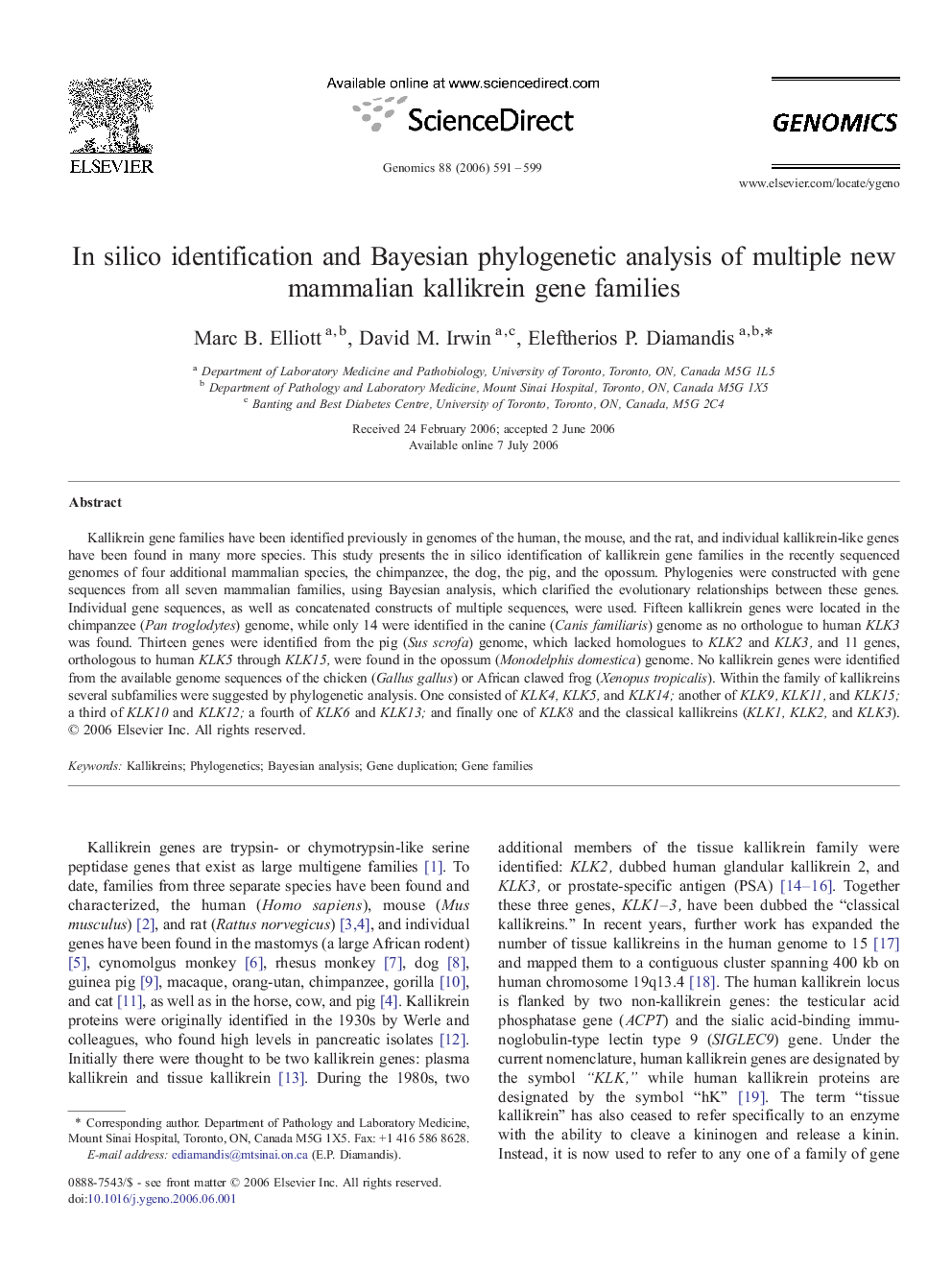 In silico identification and Bayesian phylogenetic analysis of multiple new mammalian kallikrein gene families