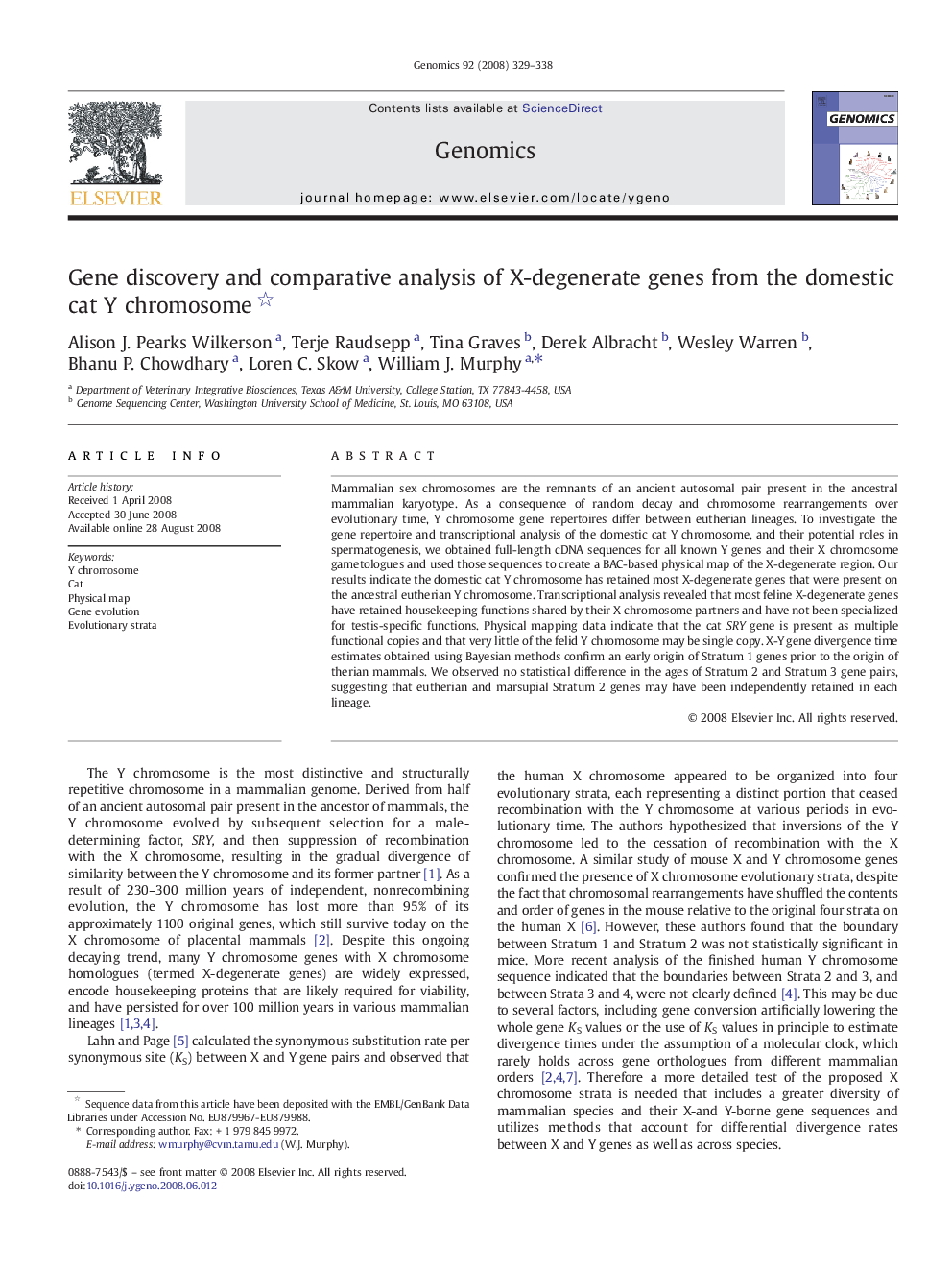 Gene discovery and comparative analysis of X-degenerate genes from the domestic cat Y chromosome